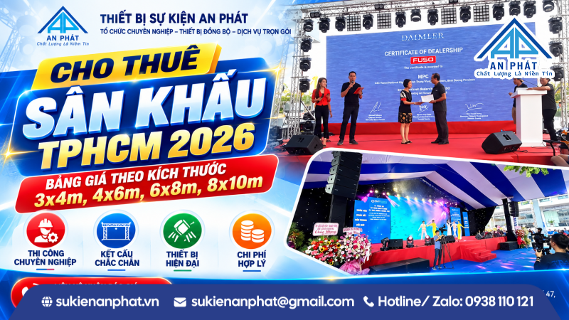 Cho Thuê Sân Khấu TPHCM 2026 – Bảng Giá Theo Kích Thước 3x4m, 4x6m, 6x8m, 8x10m