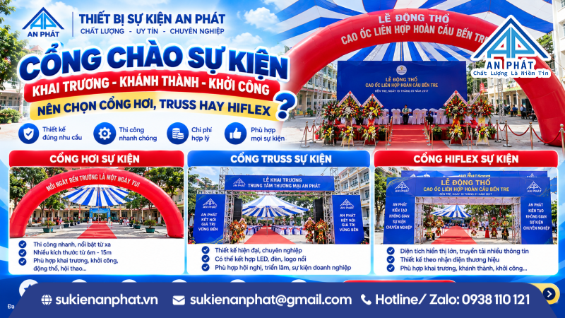 Cổng Chào Khai Trương, Khánh Thành, Khởi Công – Nên Chọn Cổng Hơi, Truss Hay Hiflex?