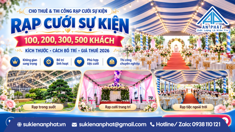 Rạp Cưới Sự Kiện 100, 200, 300, 500 Khách – Kích Thước, Cách Bố Trí & Giá Thuê 2026
