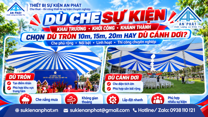 Dù Che Sự Kiện Khai Trương, Khởi Công – Chọn Dù 10m, 15m, 20m Hay Cánh Dơi?